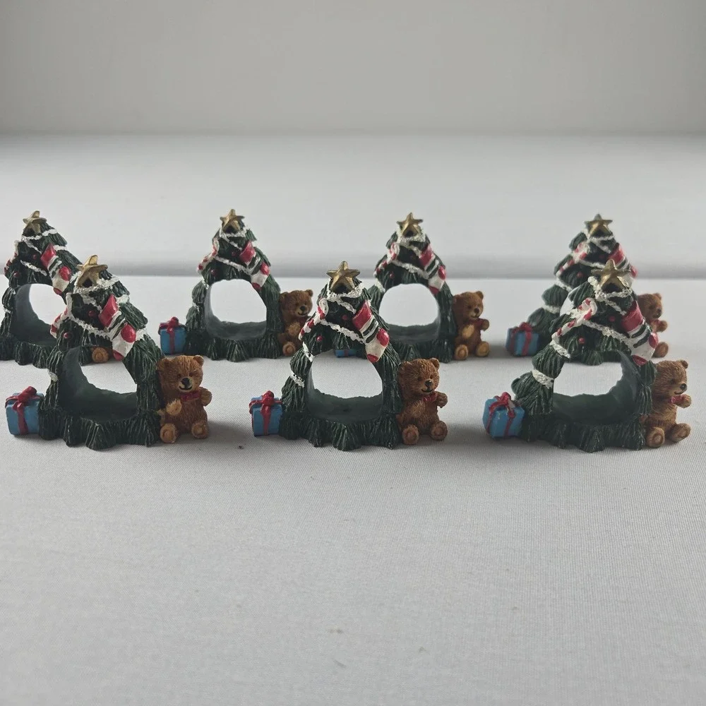 Vintage Christmas Tree Teddy Bear Napkin Rings Set of 8 Holiday Table Decor